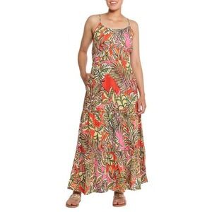 C and C California Tropical Leaf Maxi Dress Boho Resort Tiered Ruffle Summer L